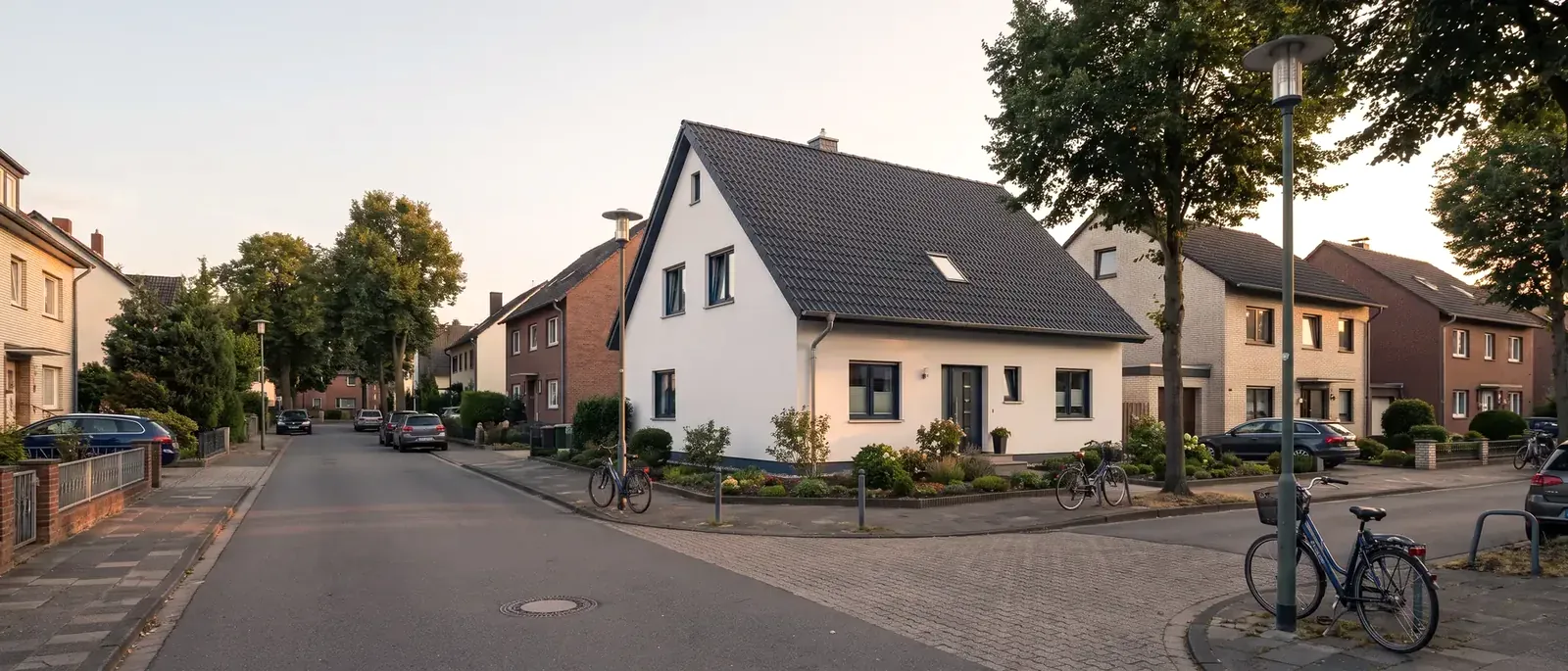 Wohnstraße mit weiß verputzten Einfamilienhäusern, für die ein Energieausweis Kosten verursacht